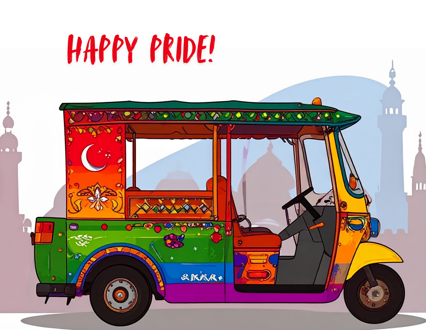 Rainbow Rickshaw Pride Postcard - LGBTQ Pakistani Art Card