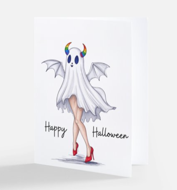 Rainbow Devil Ghost In Heels Happy Halloween Card – Queer & Flirty LGBTQ Greeting Card